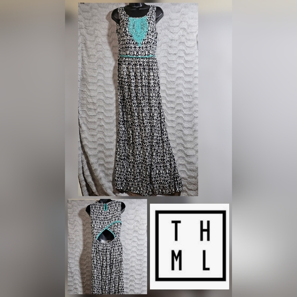 THML Turquoise Embroidered Tank Maxi Dress Boho Large - Picture 2 of 10